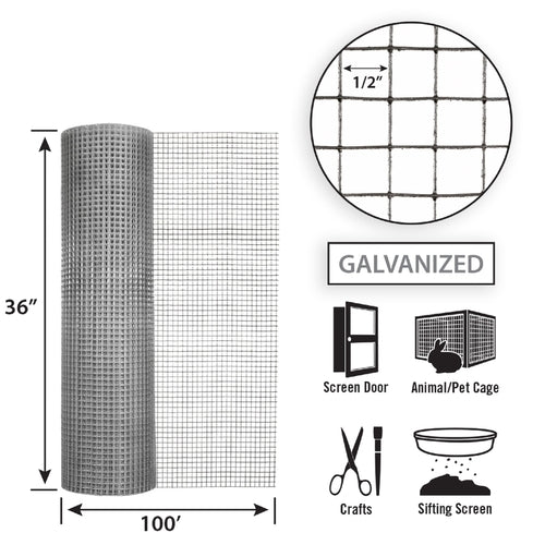 Garden Zone, Garden Craft Galvanized Hardware Cloth, 36in x 100ft, 1/2in x 1/2in Openings