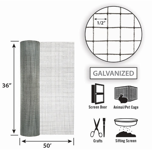 Garden Zone, Garden Craft Galvanized Hardware Cloth, 36in x 50ft, 1/2in x 1/2in Openings