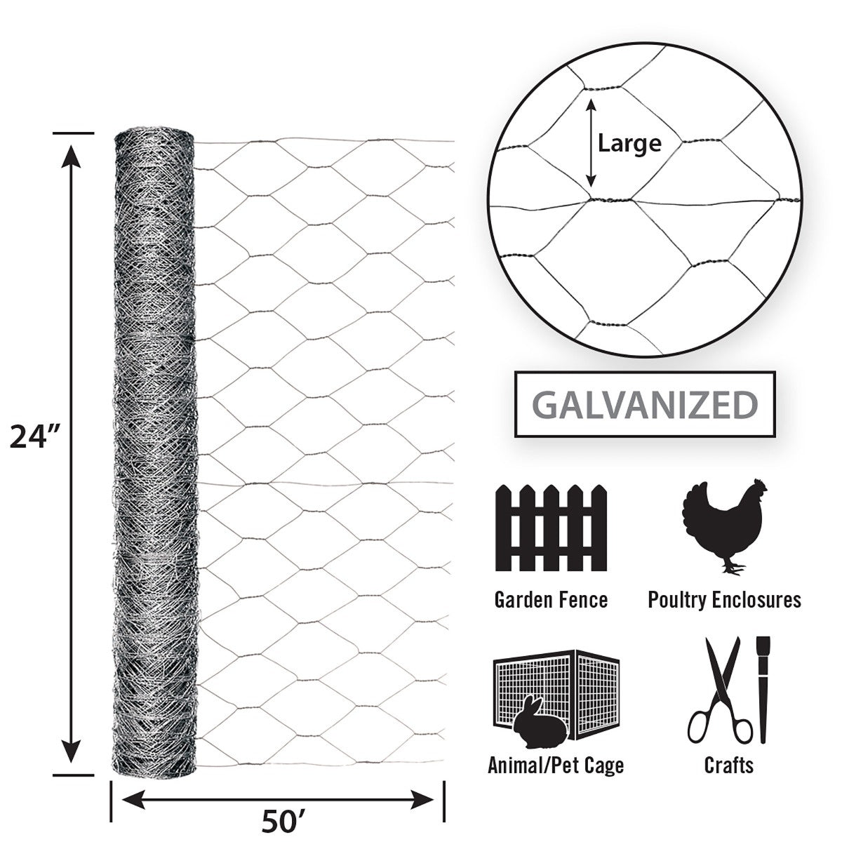 Garden Zone, Garden Craft Galvanized Hex Netting, 24in x 50ft, 2in Hexagonal Openings