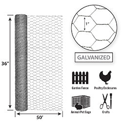 Garden Zone, Garden Craft Galvanized Poultry Netting, 36in x 50ft, 1in Hexagonal Openings