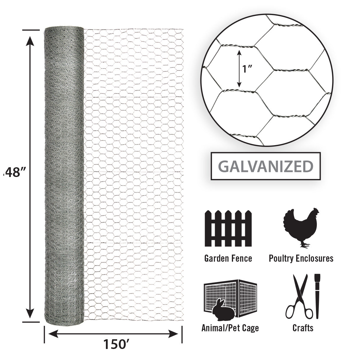 Garden Zone, Garden Craft Galvanized Poultry Netting, 48in x 150ft, 1in Hexagonal Openings