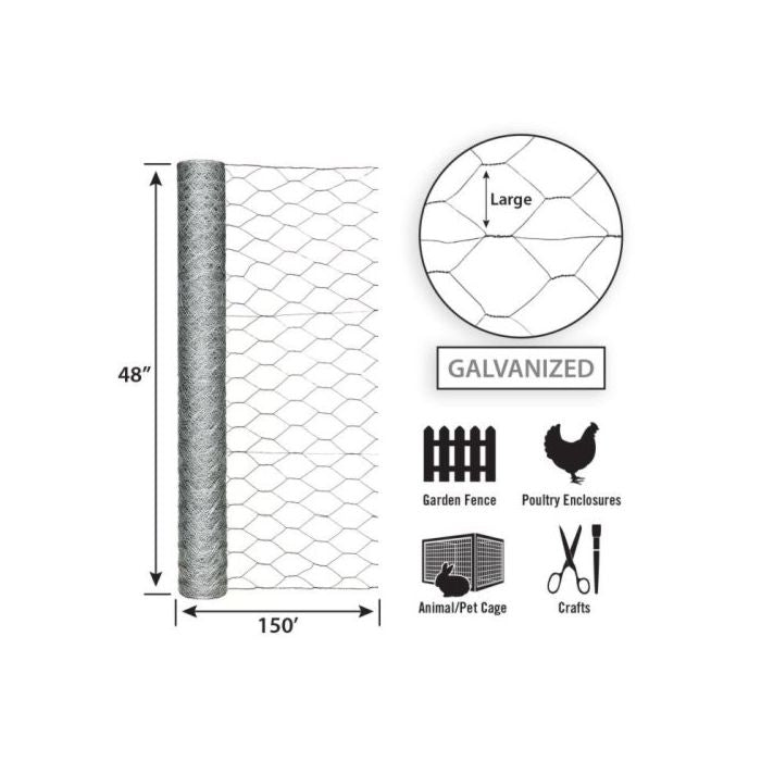 Garden Zone, Garden Craft Galvanized Poultry Netting, 48in x 150ft, 2in Hexagonal Openings