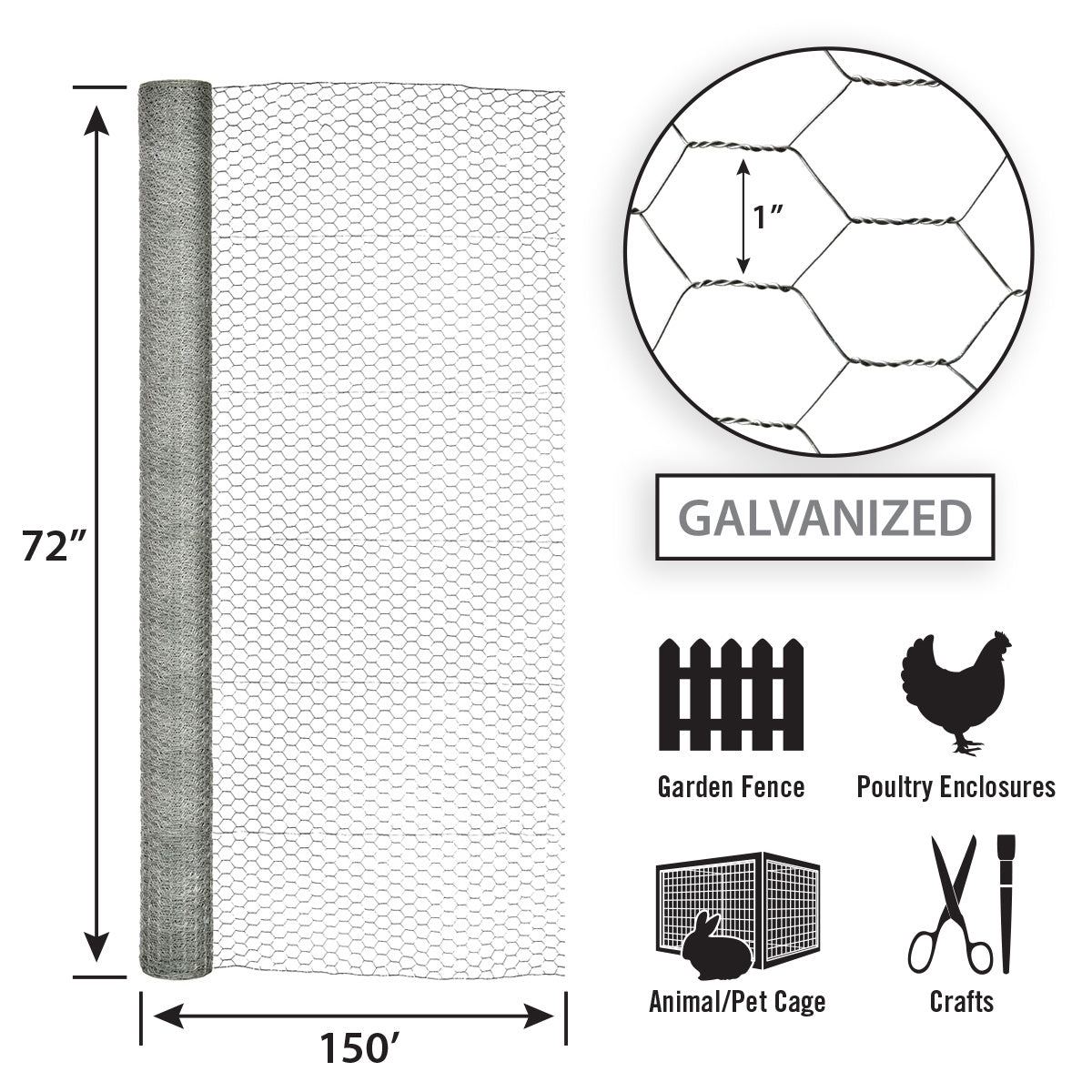 Garden Zone, Garden Craft Galvanized Poultry Netting, 72in x 150ft, 1in Hexagonal Openings