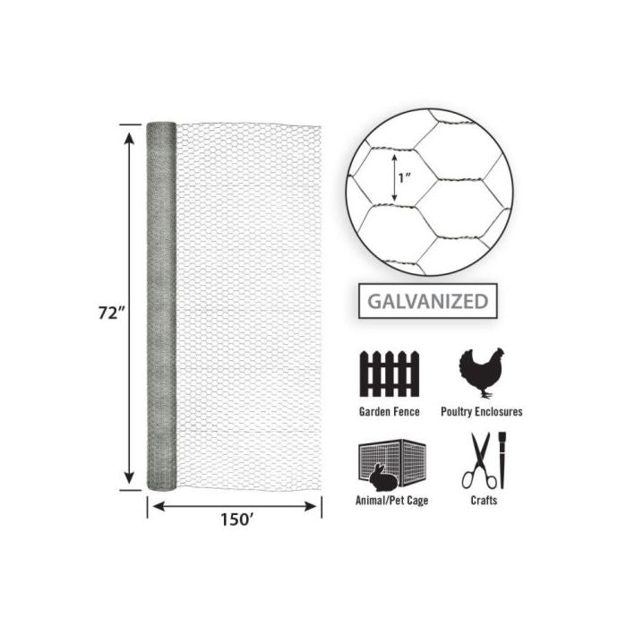 Garden Zone, Garden Craft Galvanized Poultry Netting, 72in x 150ft, 2in Hexagonal Openings