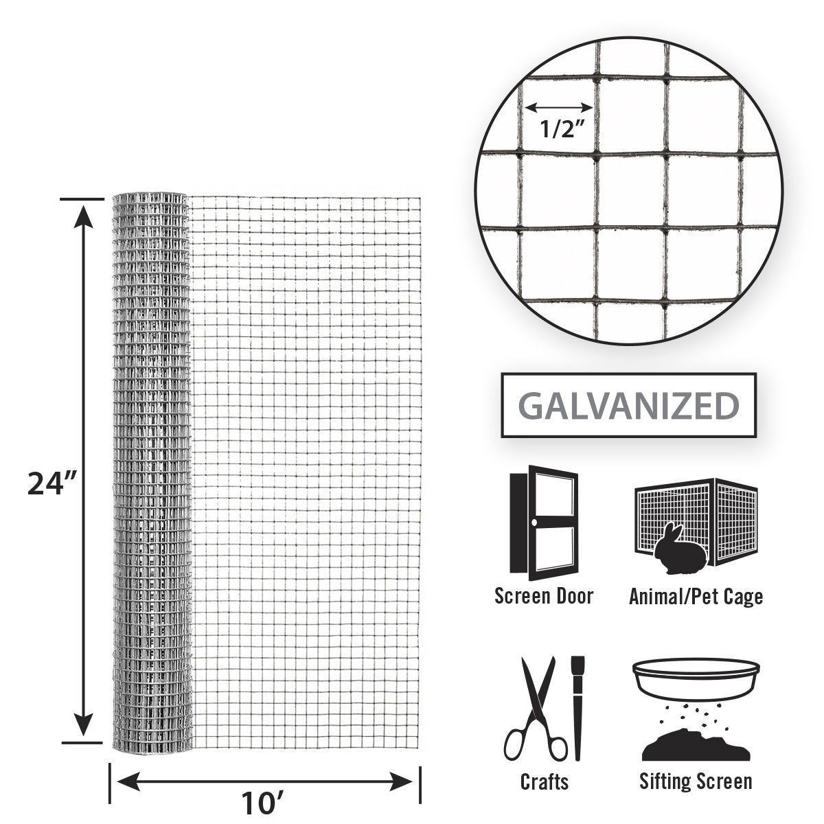 Garden Zone, Garden Craft Hardware Cloth, 24in x 10ft, 1/2in x 1/2in Openings