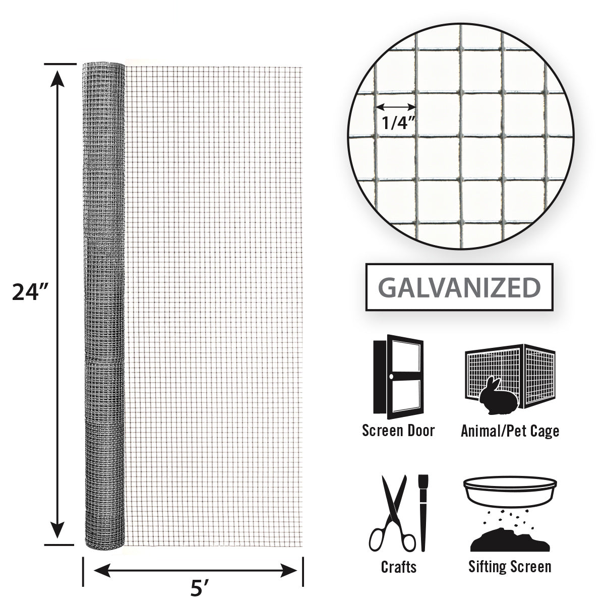 Garden Zone, Garden Craft Hardware Cloth, 24in x 5ft, 1/4in x 1/4in Openings