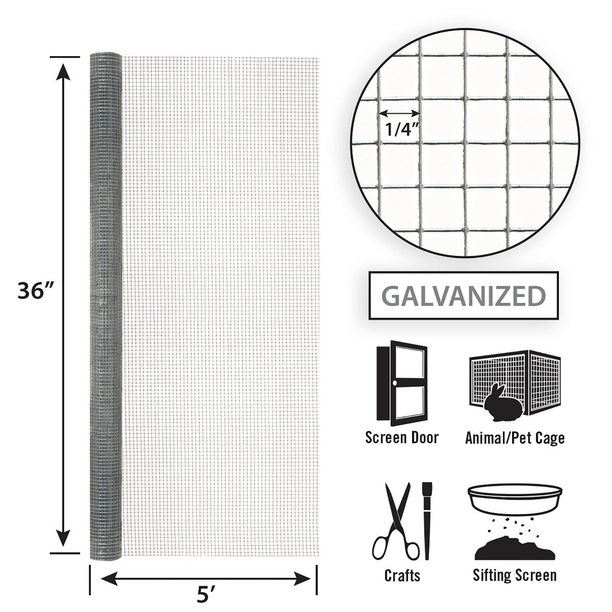 Garden Zone, Garden Craft Hardware Cloth, 36in x 5ft, 1/4in x 1/4in Openings