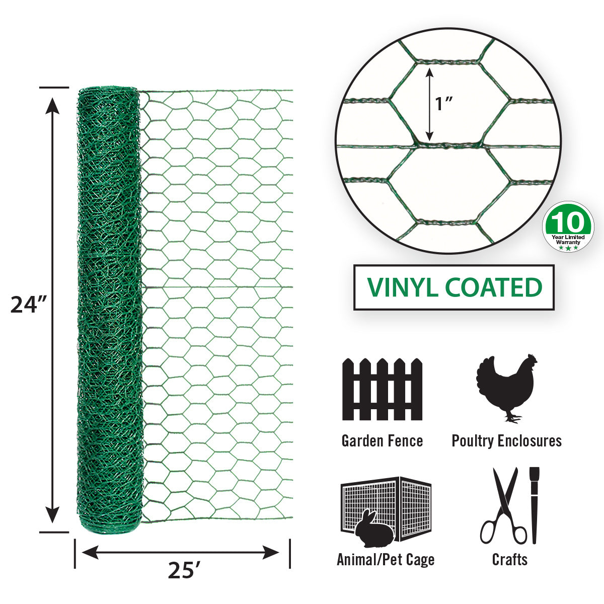 Garden Zone, Garden Craft Vinyl Coated Hex Netting, Green, 24in x 25ft, 1in Hexagonal Openings