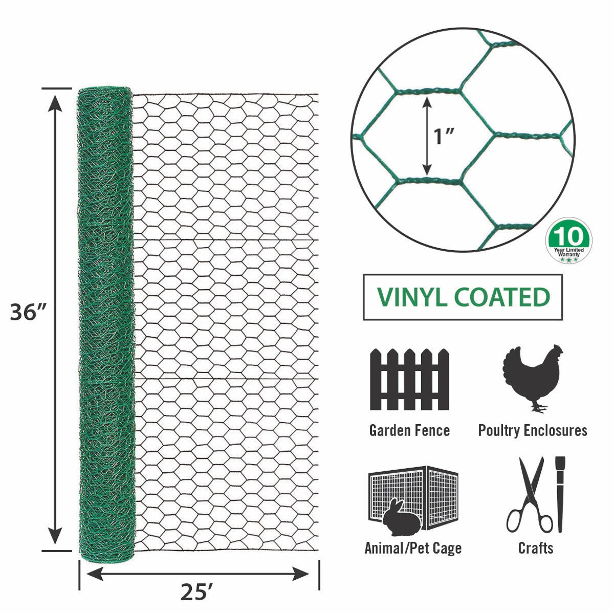 Garden Zone, Garden Craft Vinyl Coated Hex Netting, Green, 36in x 25ft, 1in Hexagonal Openings