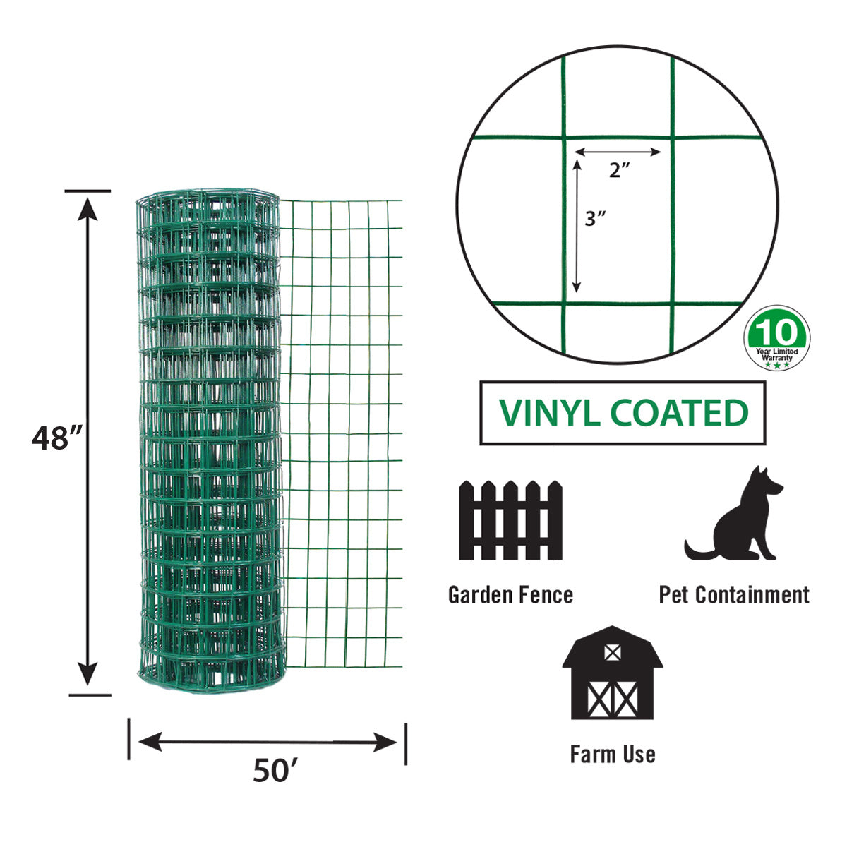 Garden Zone, Garden Craft Vinyl Fence, Green, 48in x 50ft, 2in x 3in Mesh