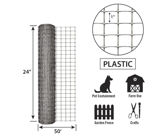 Garden Zone, Garden Zone Plastic Netting, Gray, 24in x 50ft, 1in mesh Openings