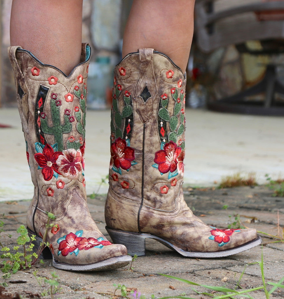 Corral Boots, Taupe Cactus Inlay and Embroidery