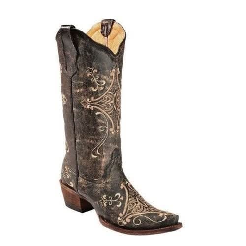 Corral Boots, Women's Black Crackle/bone Snip Toe Boot