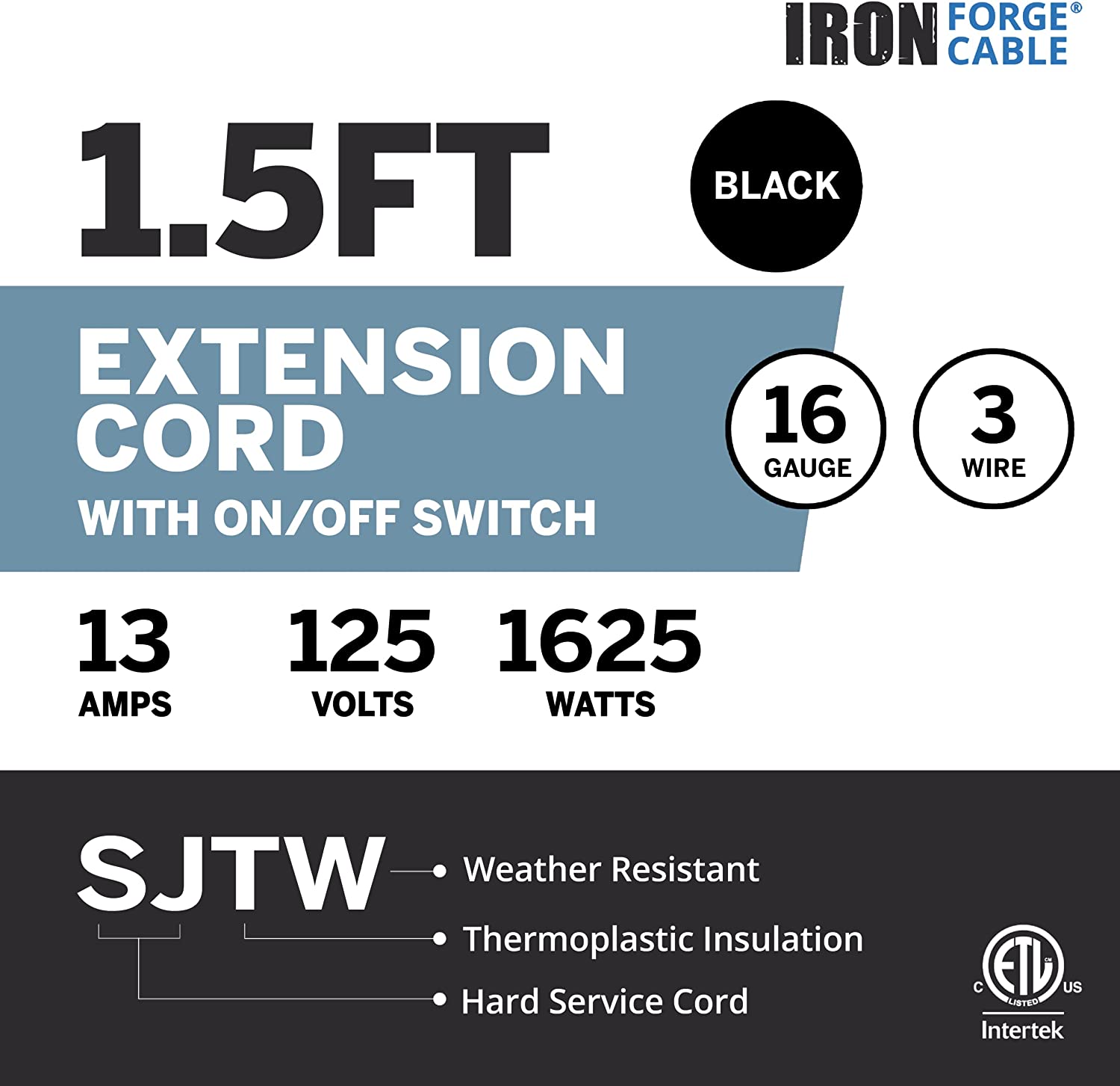 IRON FORGE CABLE, 1.5 Ft Outdoor Extension Cord with Switch- Black