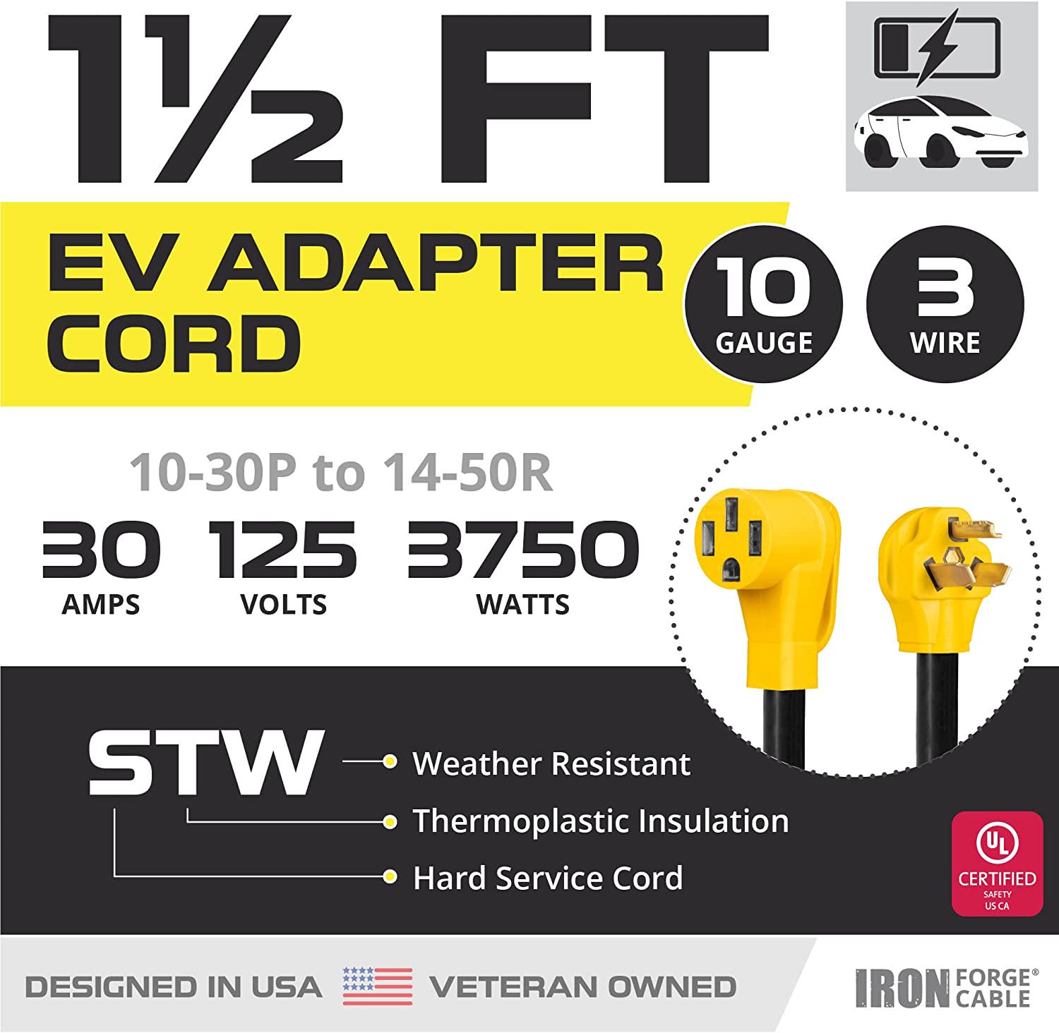 IRON FORGE CABLE, 1.5 ft EV Charger Adapter Cord- 10 Gauge