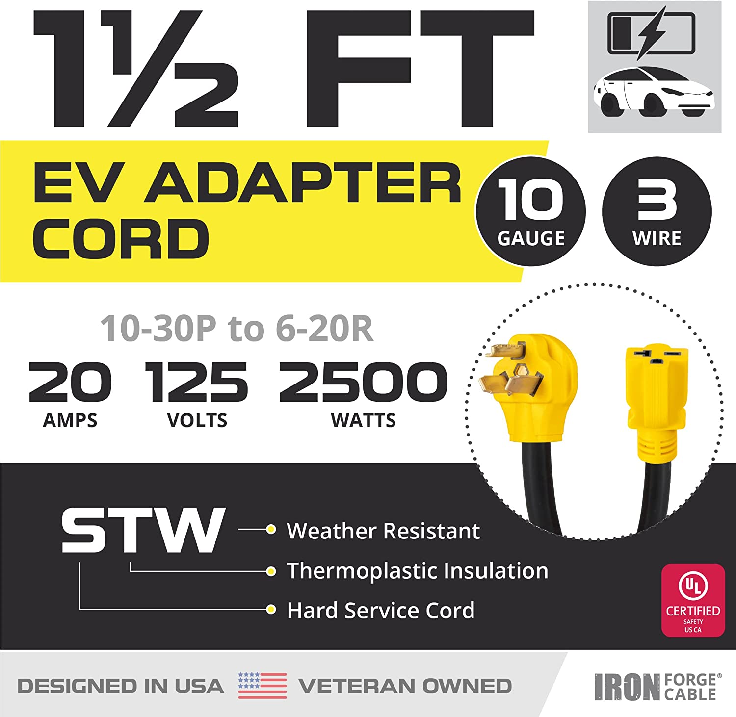 IRON FORGE CABLE, 1.5 ft EV Charger Adapter Cord- 12 Gauge