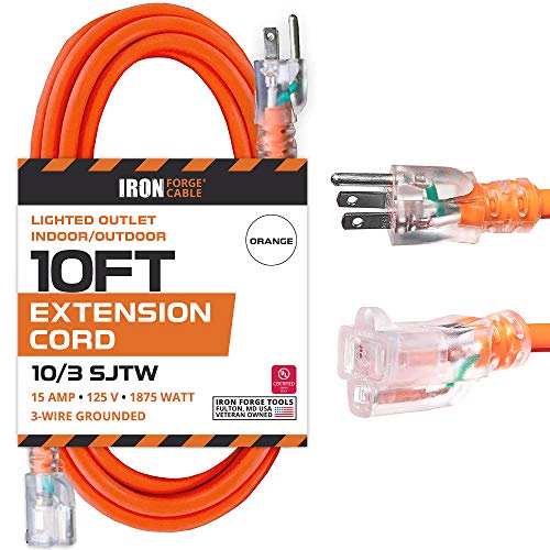 IRON FORGE CABLE, 10 Foot Lighted Outdoor Extension Cord - 10 Gauge- Orange