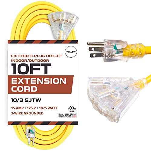 IRON FORGE CABLE, 10 Foot Lighted Outdoor Extension Cord- 10 Gauge- Yellow