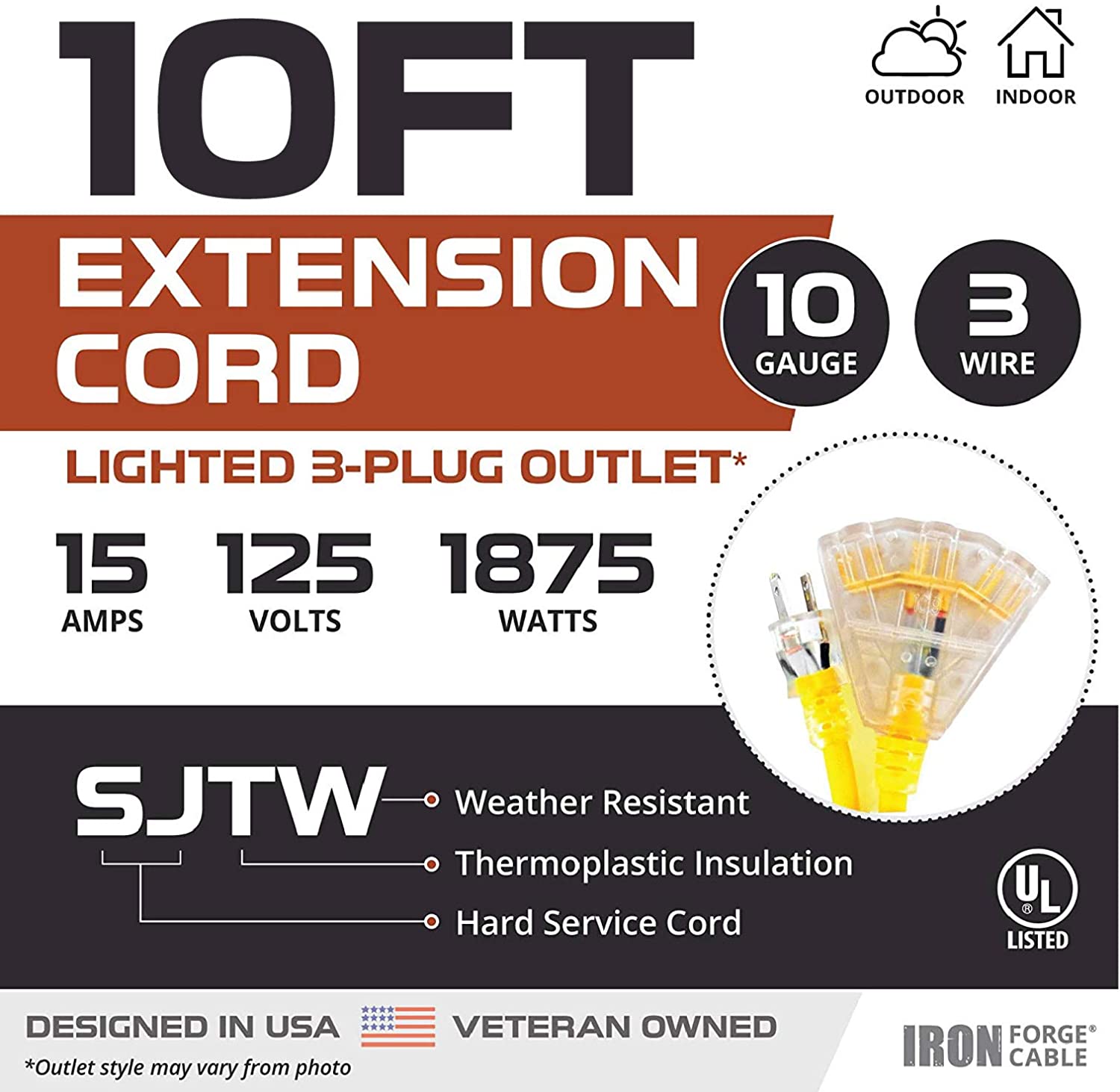 IRON FORGE CABLE, 10 Foot Lighted Outdoor Extension Cord- 10 Gauge- Yellow