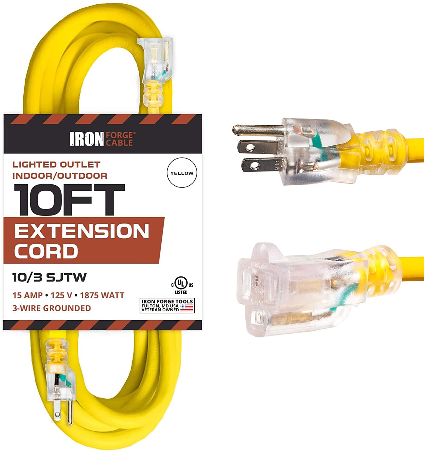 IRON FORGE CABLE, 10 Foot Lighted Outdoor Extension Cord- 10 Gauge- Yellow