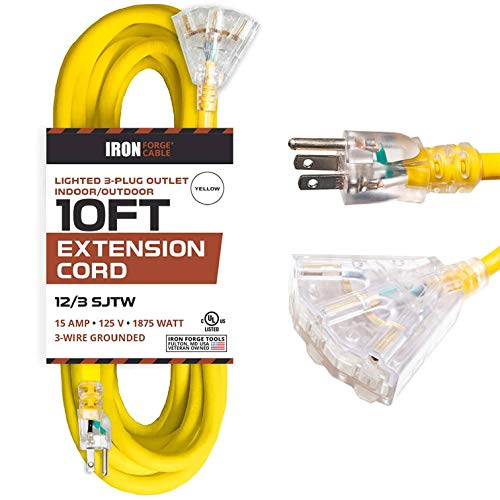 IRON FORGE CABLE, 10 Foot Lighted Outdoor Extension Cord- 12 Gauge- Yellow