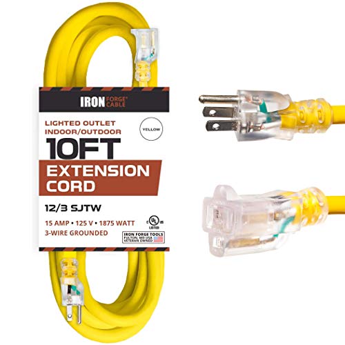 IRON FORGE CABLE, 10 Foot Lighted Outdoor Extension Cord- 12 Gauge- Yellow