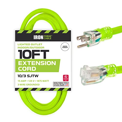 IRON FORGE CABLE, 10 Foot Outdoor Extension Cord - 10 Gauge- Neon Green