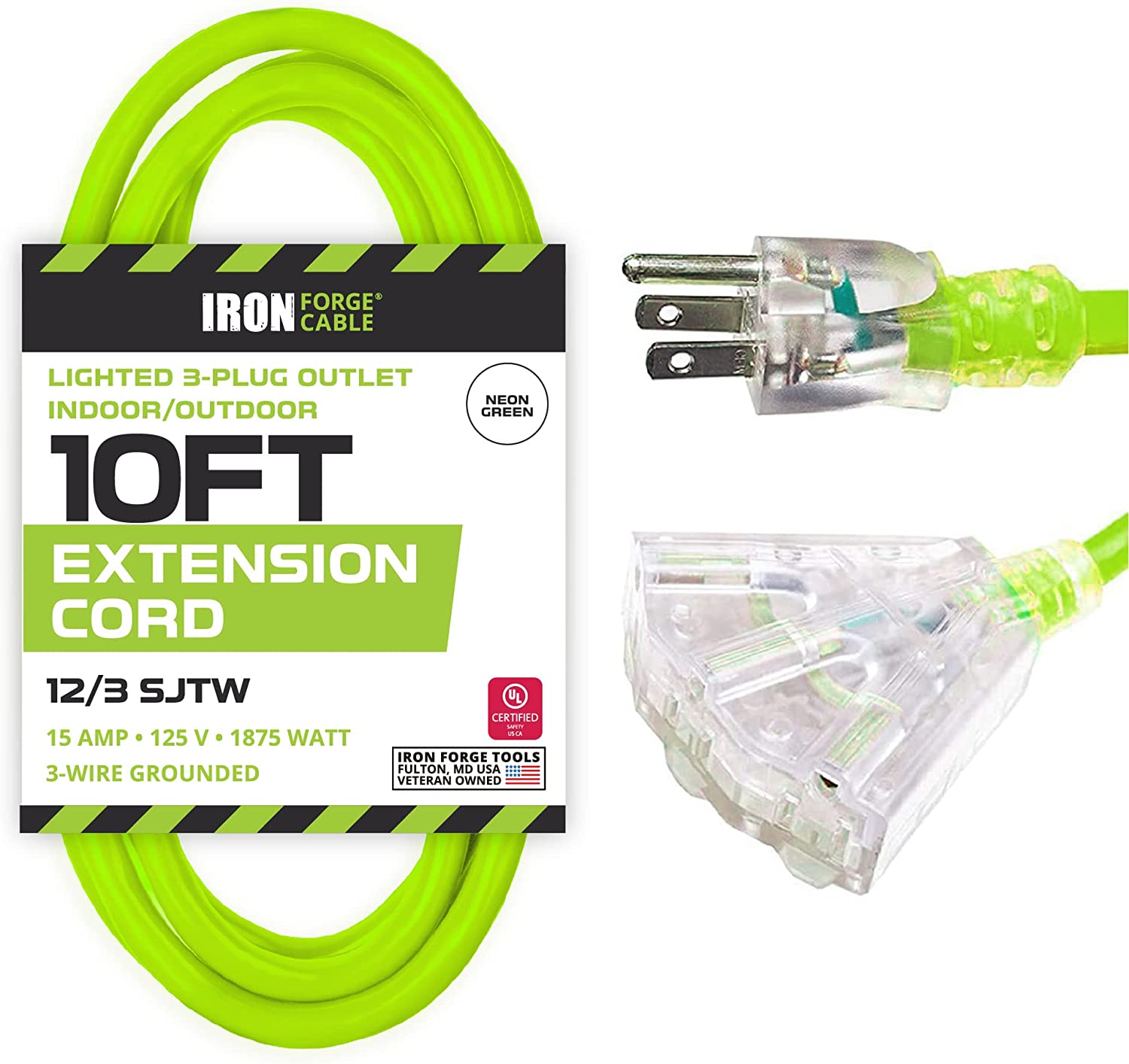 IRON FORGE CABLE, 10 Foot Outdoor Extension Cord- 12 Gauge- Neon Green