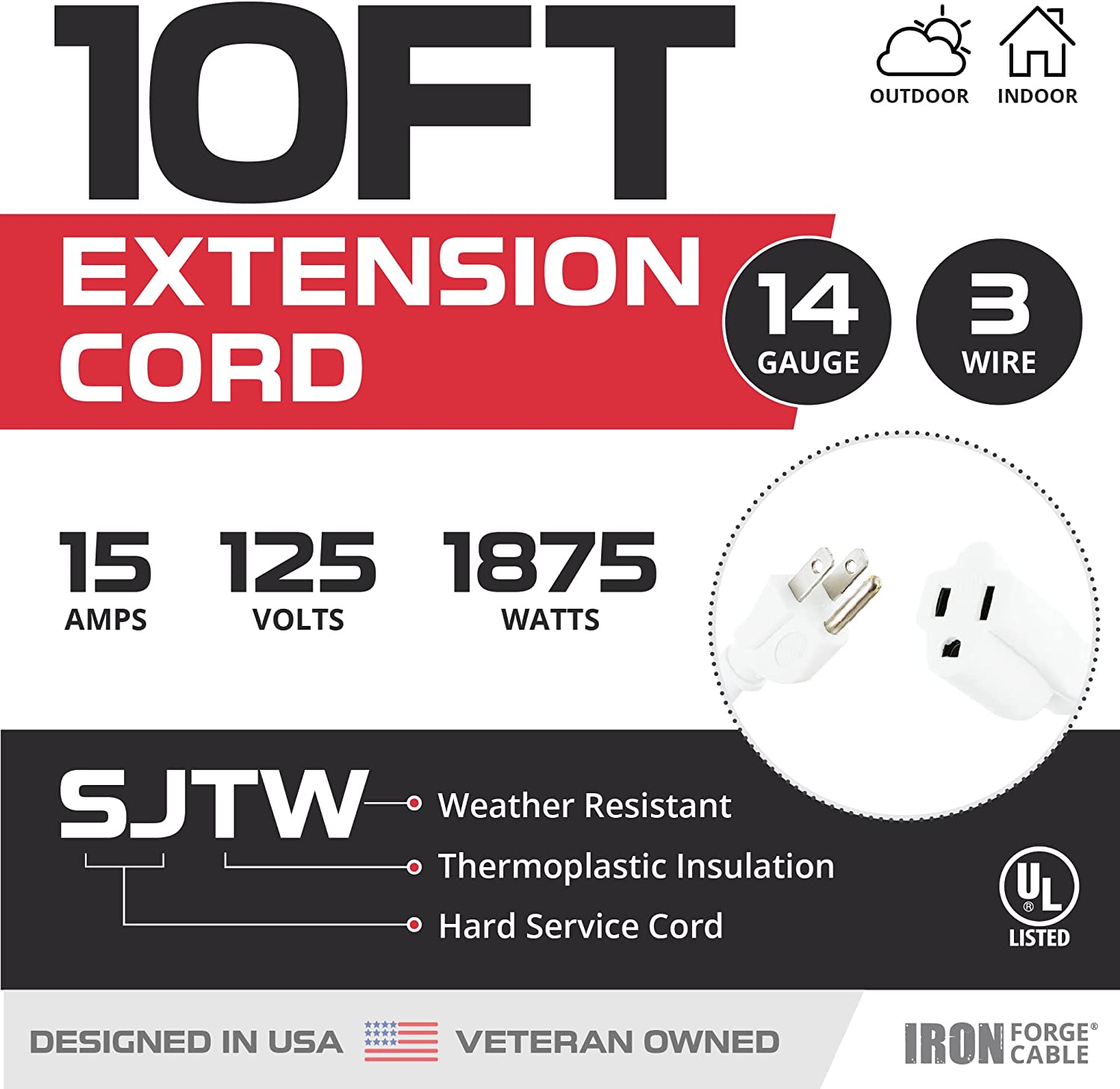 IRON FORGE CABLE, 10 Foot Outdoor Extension Cord -14 Gauge- White