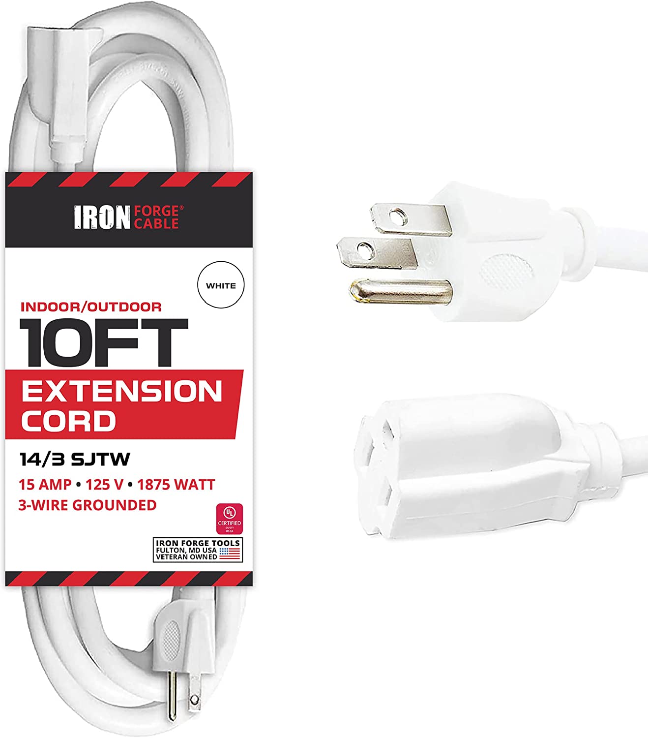 IRON FORGE CABLE, 10 Foot Outdoor Extension Cord -14 Gauge- White