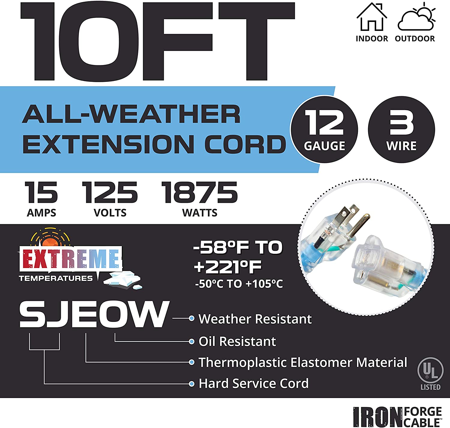 IRON FORGE CABLE, 10 Ft All Weather Extension Cord - 12 Gauge- Blue