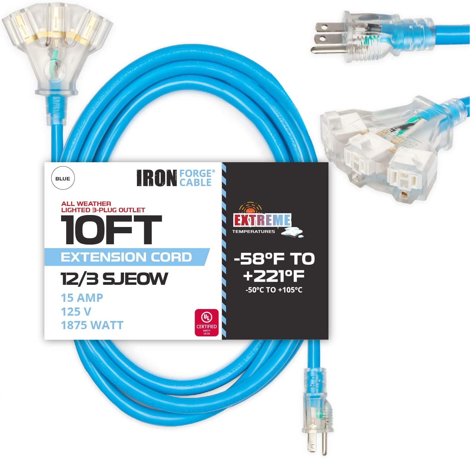 IRON FORGE CABLE, 10 Ft All Weather Extension Cord- 12 Gauge- Blue