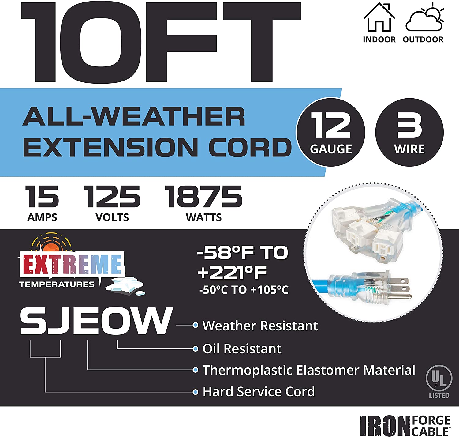 IRON FORGE CABLE, 10 Ft All Weather Extension Cord- 12 Gauge- Blue