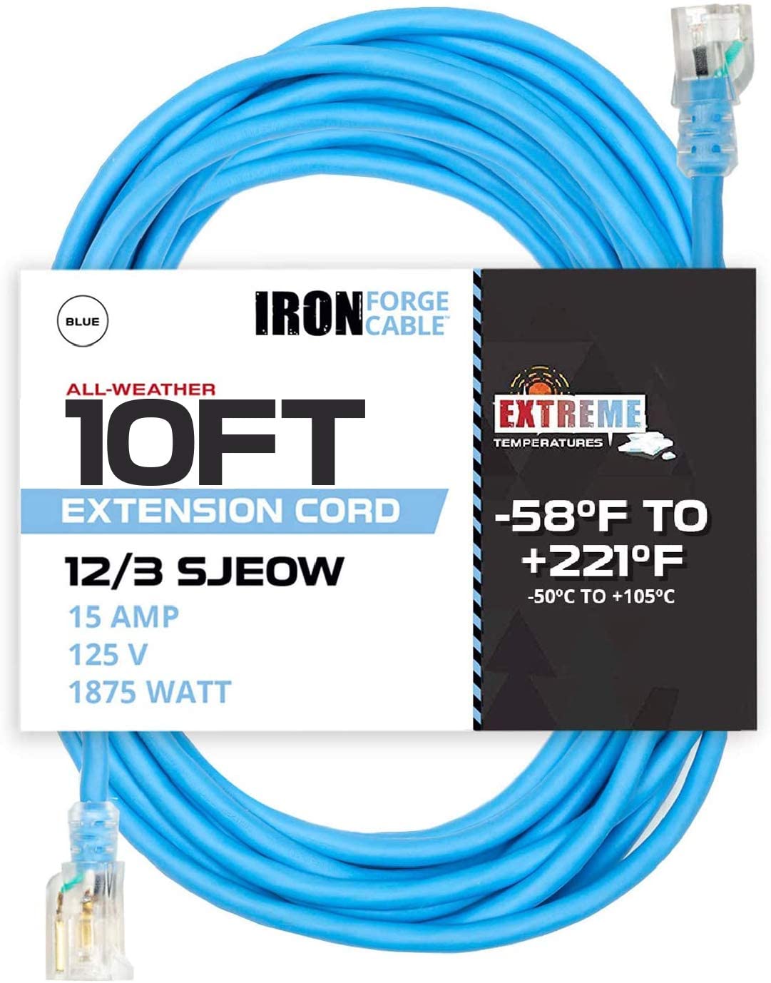 IRON FORGE CABLE, 10 Ft All Weather Extension Cord - 12 Gauge- Blue