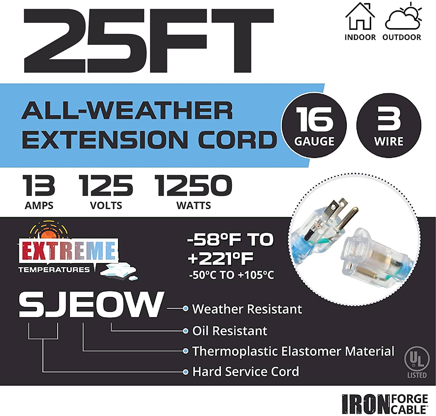 IRON FORGE CABLE, 10 Ft All Weather Extension Cord-16 Gauge- Blue