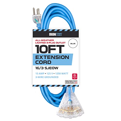 IRON FORGE CABLE, 10 Ft All Weather Extension Cord - 16 Gauge- Blue