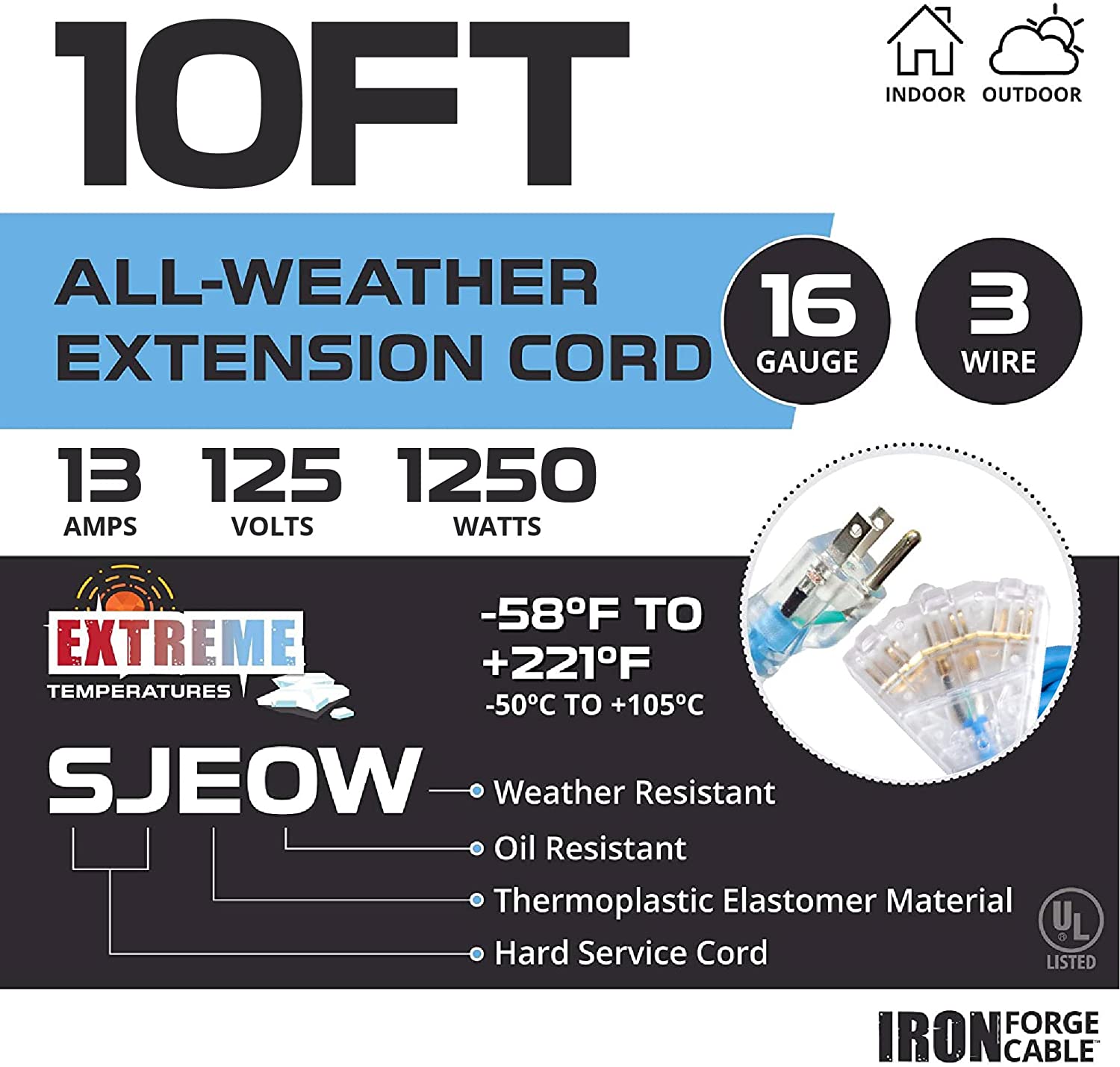 IRON FORGE CABLE, 10 Ft All Weather Extension Cord - 16 Gauge- Blue