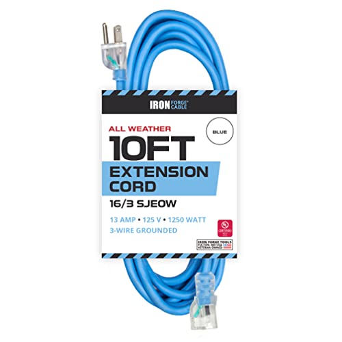 IRON FORGE CABLE, 10 Ft All Weather Extension Cord-16 Gauge- Blue