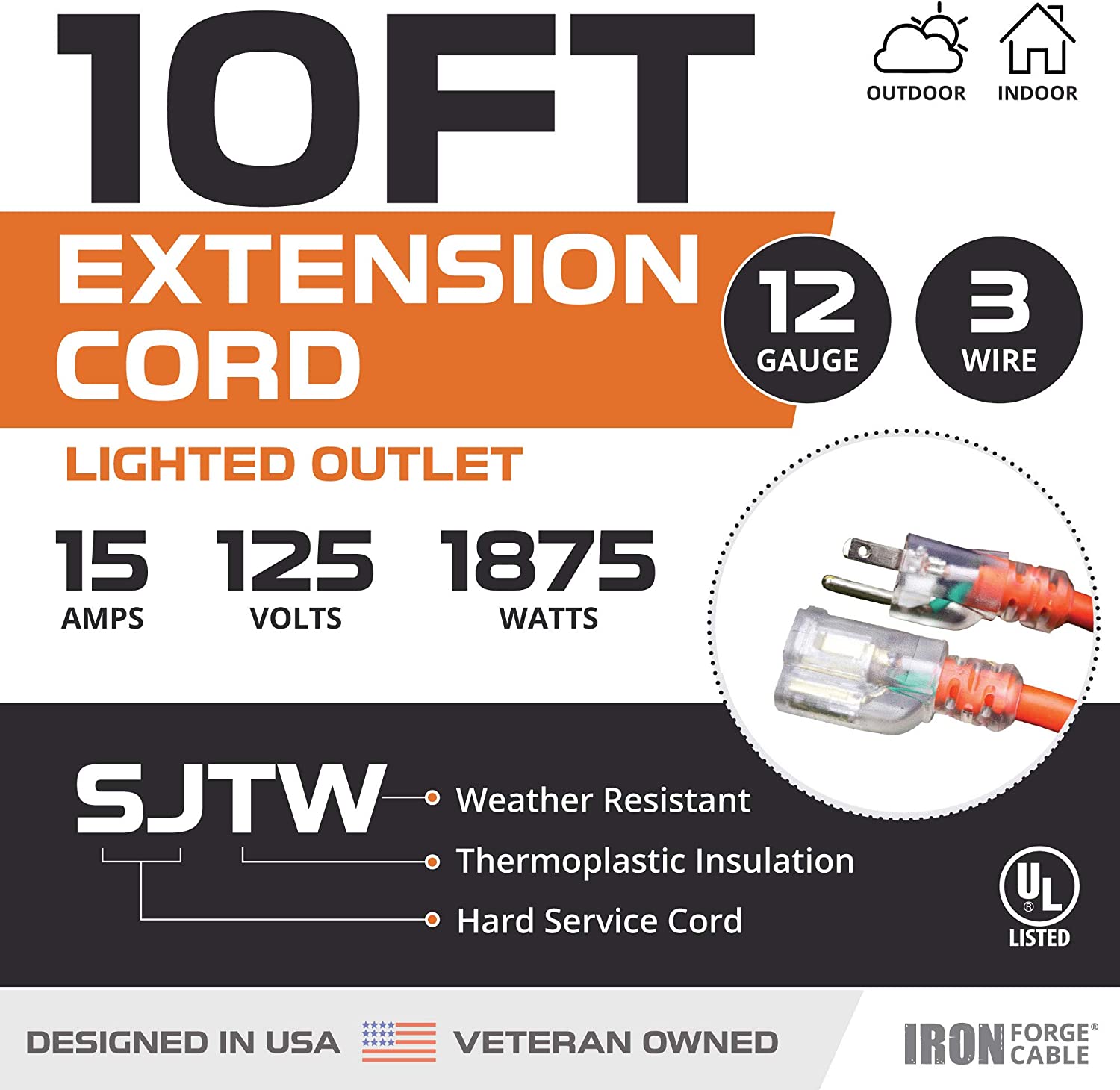 IRON FORGE CABLE, 10 Ft Extension Cord - 12 Gauge- Orange