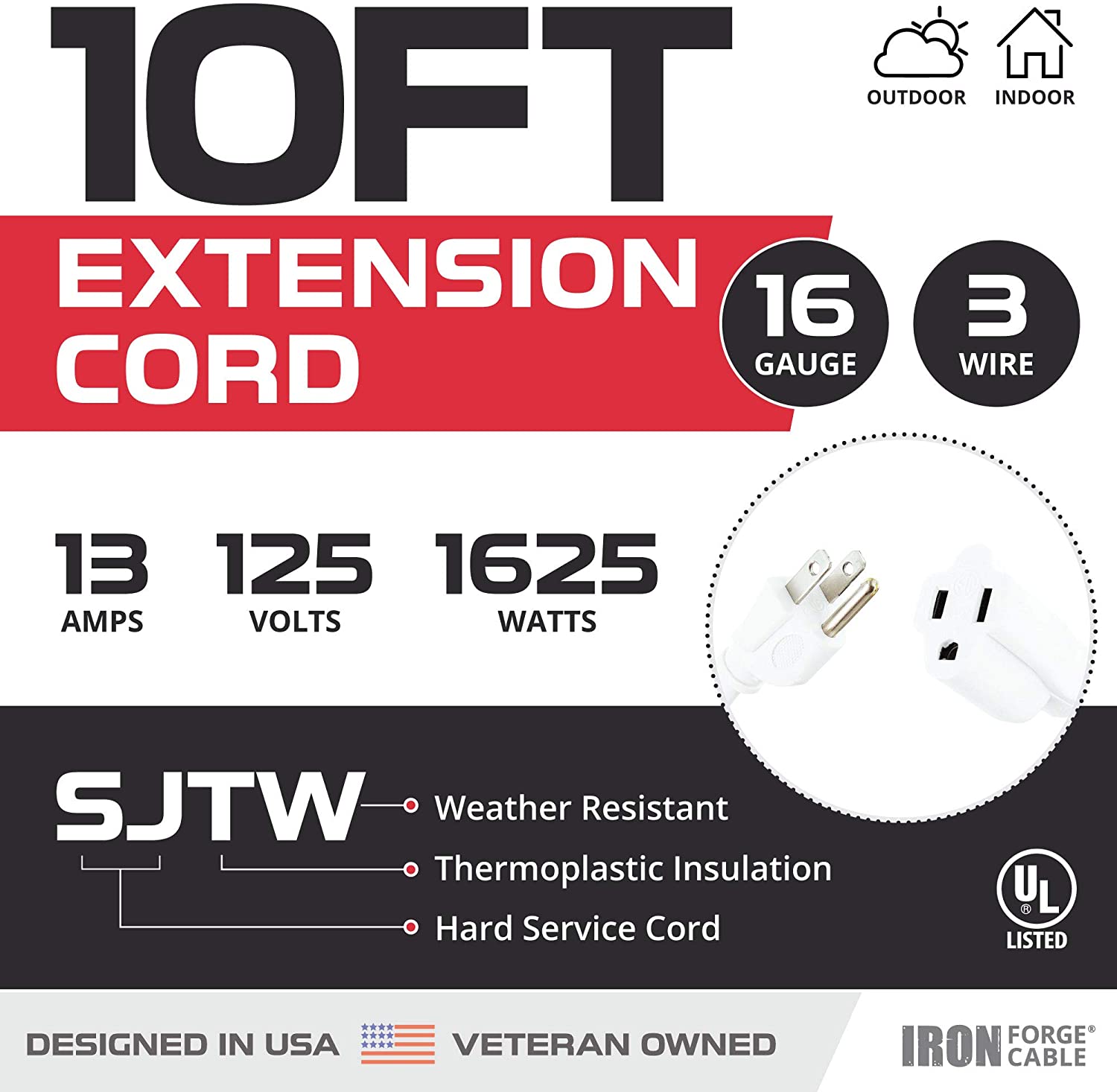 IRON FORGE CABLE, 10 Ft Extension Cord-2 Pack - 16 Gauge- White