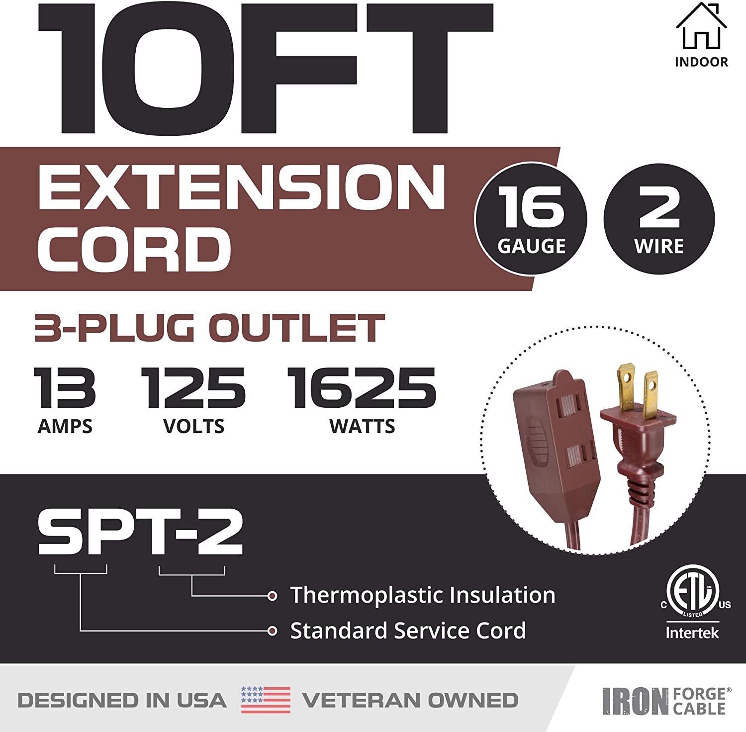 IRON FORGE CABLE, 10 Ft Extension Cord -2 Pack - Brown