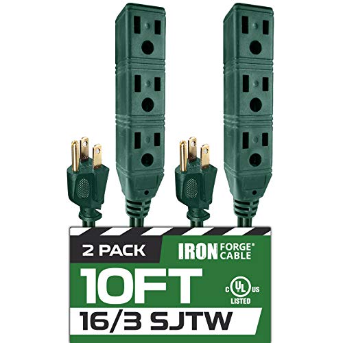 IRON FORGE CABLE, 10 Ft Extension Cord- 3 Outlet- 2 Pack- Green