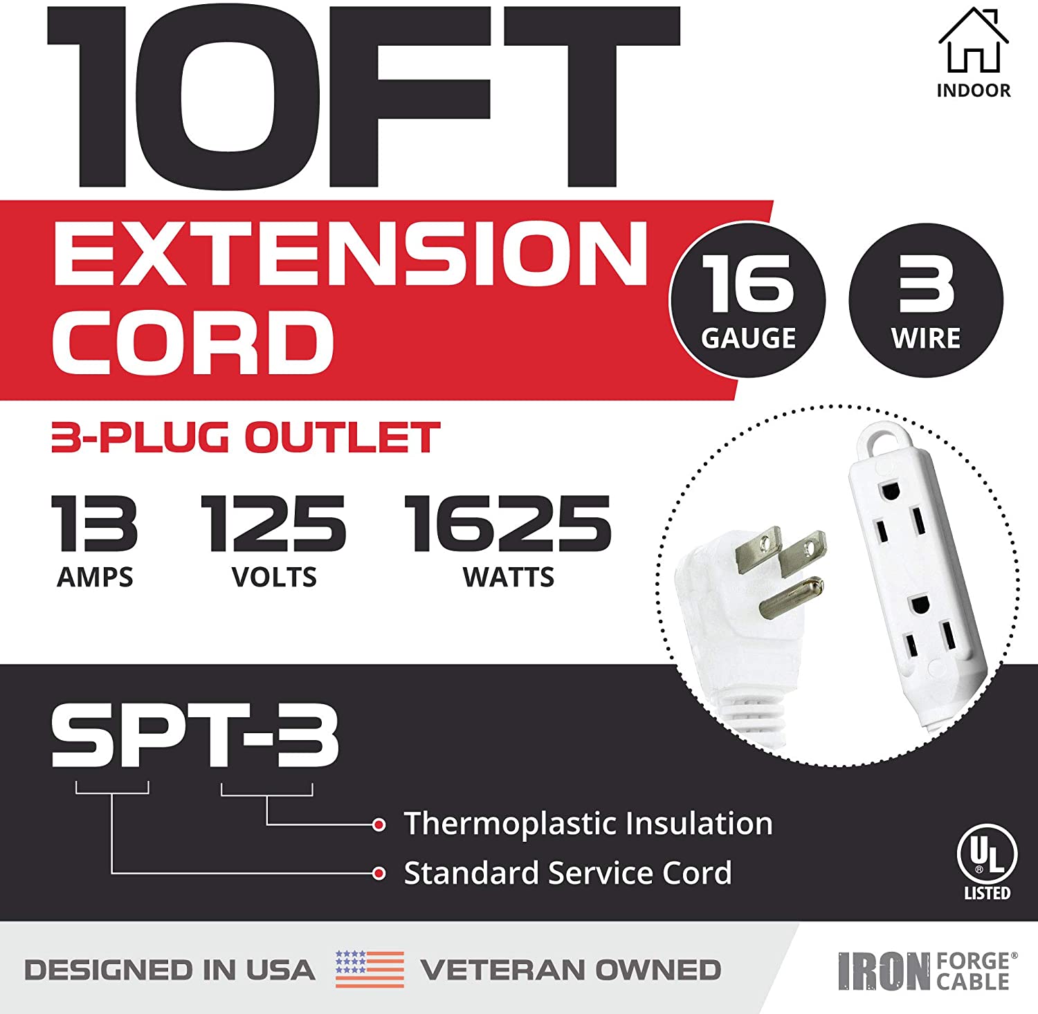 IRON FORGE CABLE, 10 Ft Extension Cord- 3 Outlet - White