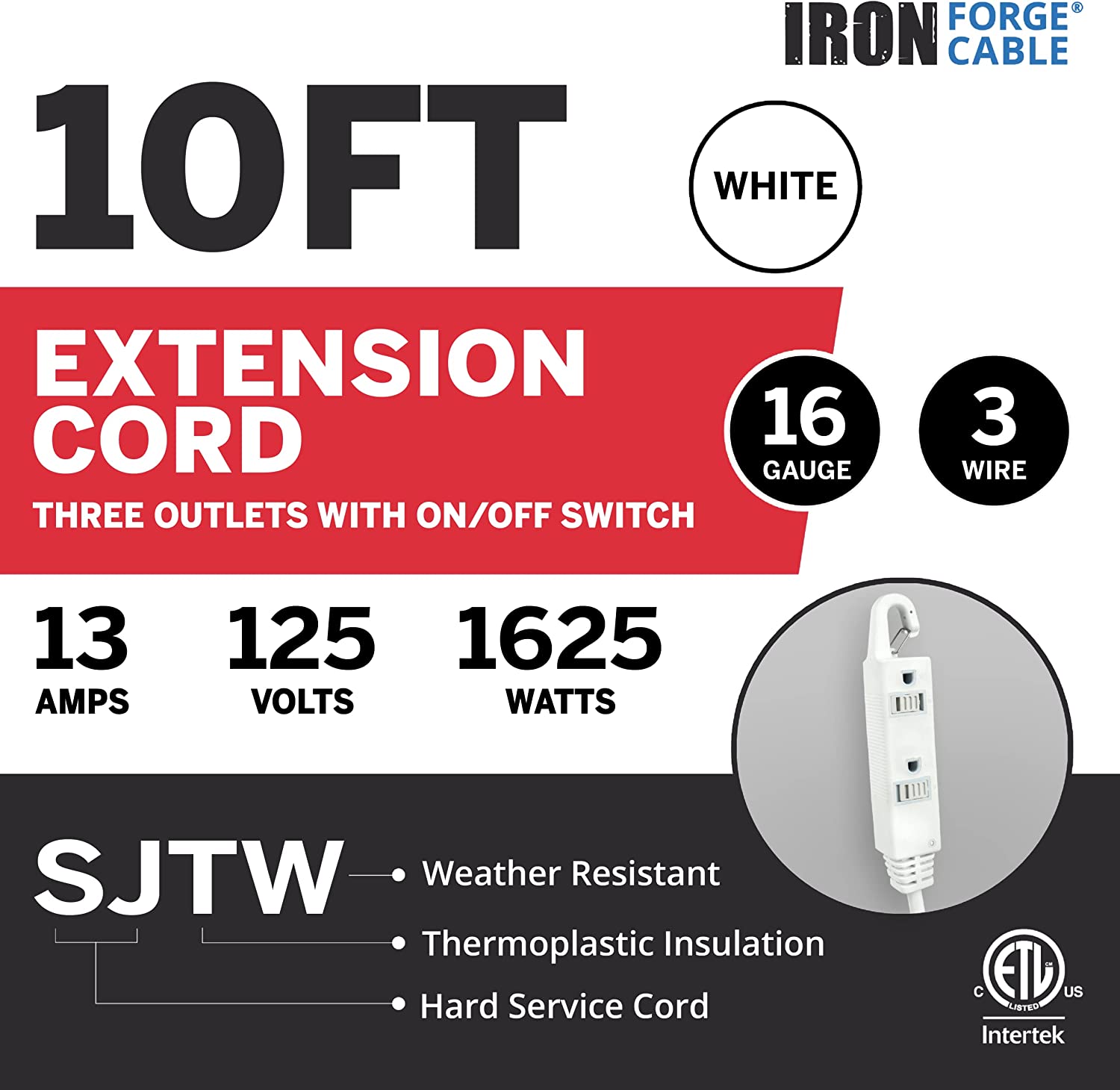 IRON FORGE CABLE, 10 Ft Extension Cord with Switch- White