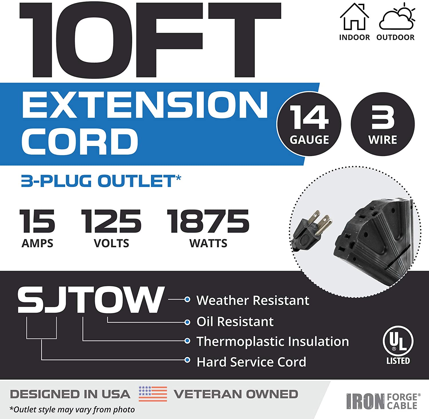 IRON FORGE CABLE, 10 Ft Heavy Duty Extension Cord- 3 Outlets- Black