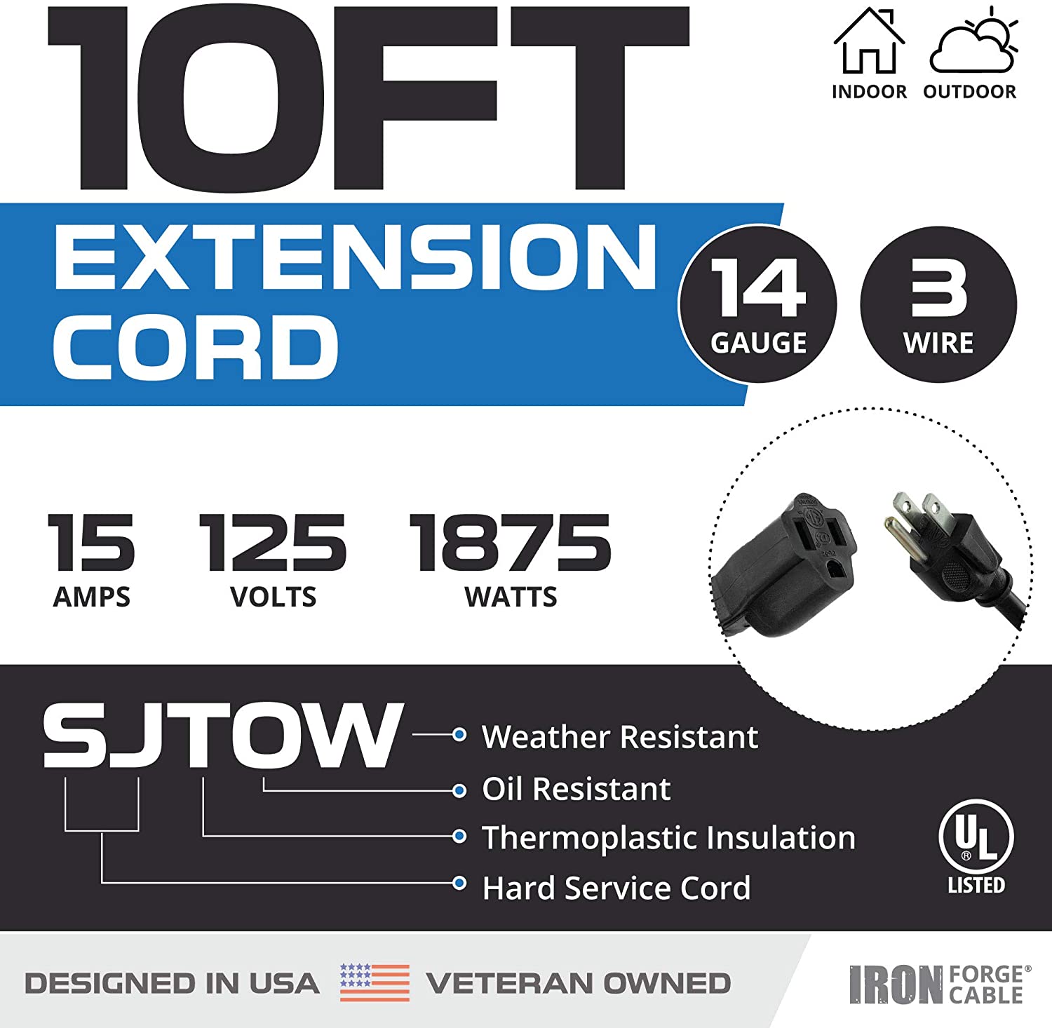 IRON FORGE CABLE, 10 Ft Heavy Duty Extension Cord- Black