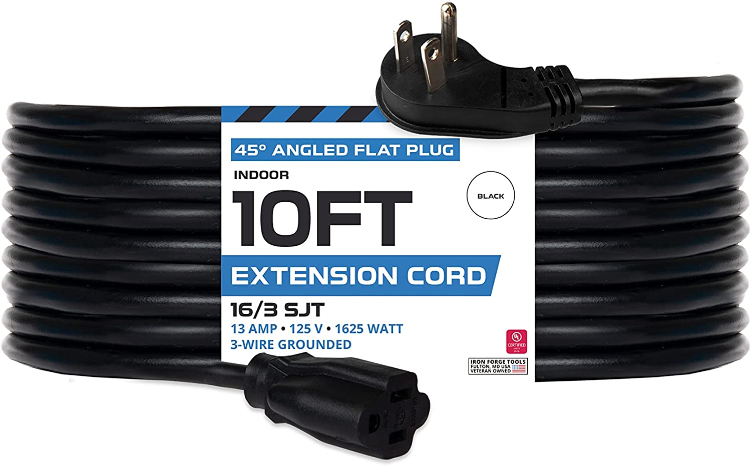 IRON FORGE CABLE, 10 Ft Indoor Extension Cord - 45° Angled Flat Plug- Black