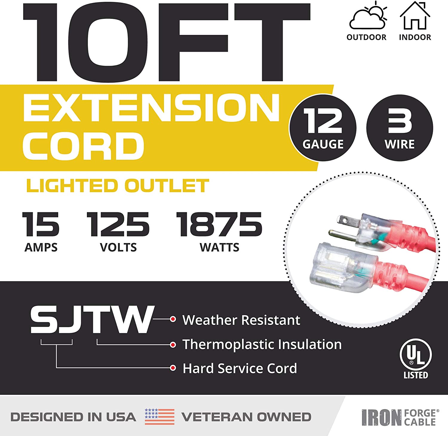 IRON FORGE CABLE, 10 Ft Lighted Extension Cord- 12 Gauge- Red