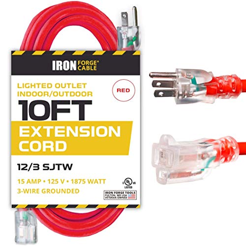 IRON FORGE CABLE, 10 Ft Lighted Extension Cord- 12 Gauge- Red