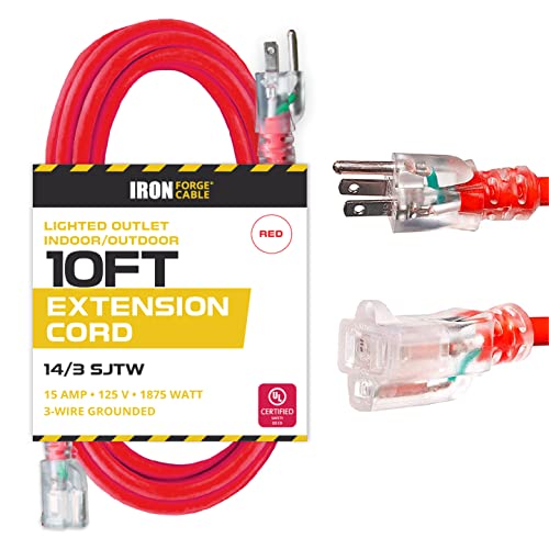 IRON FORGE CABLE, 10 Ft Lighted Extension Cord - 14 Gauge- Red